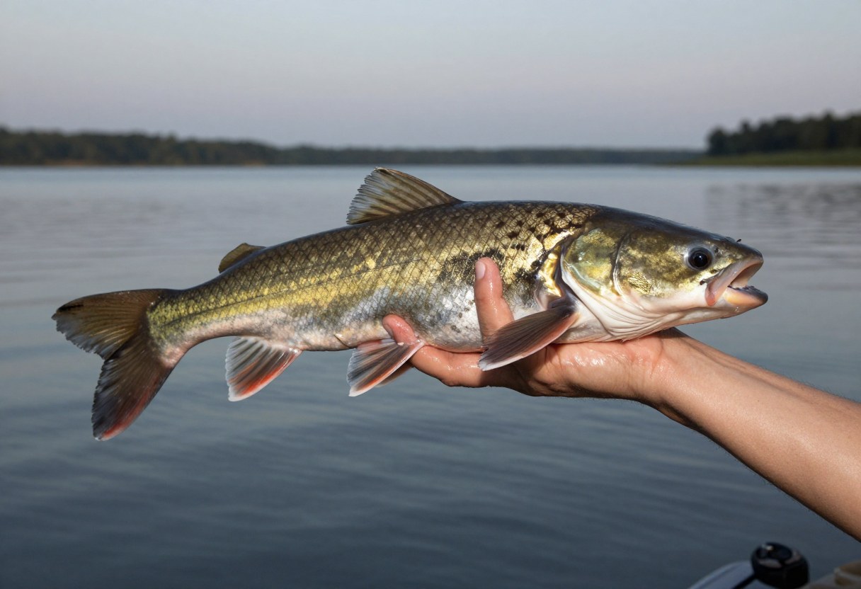 An angler holding a freshly caught channel catfish at the edge of a lake at dusk