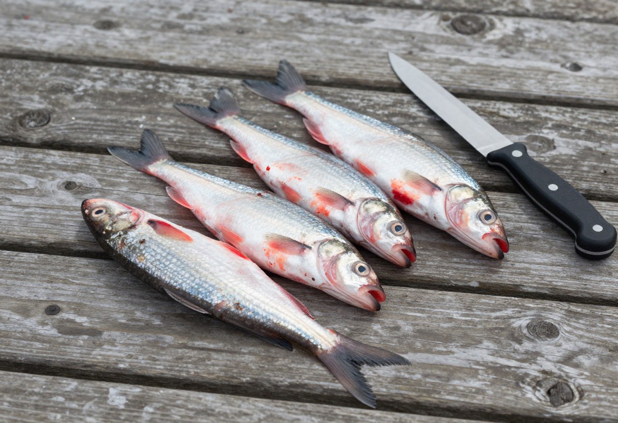 Several fresh baitfish lying on a wooden dock beside a knife, ready to be cut into chunks