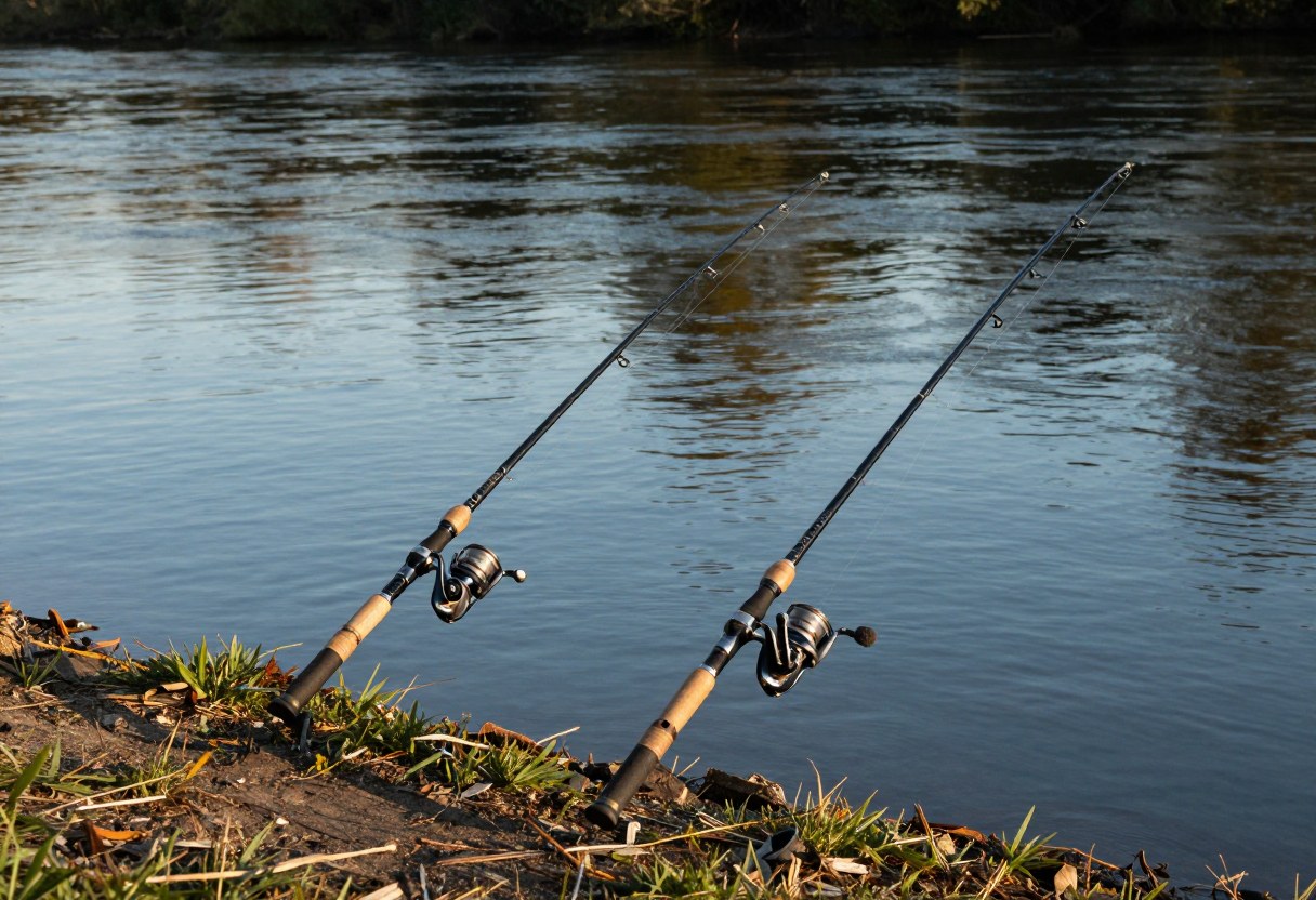 Two fishing rods set out on a riverbank at sunset with lines angled out into the water