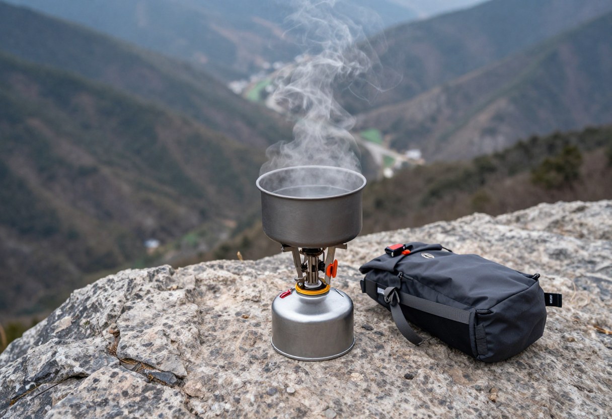 A small backpacking canister stove with a pot of boiling water on a flat rock beside a tent