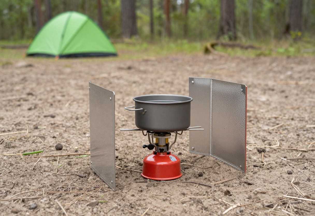 A camp stove set up on flat bare ground with a windscreen, well away from a tent in the background