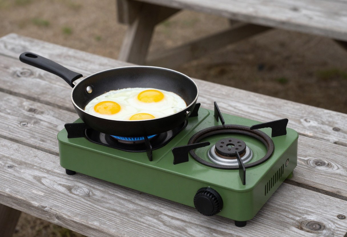 A two-burner propane camp stove on a campground picnic table with a skillet and pot cooking breakfast
