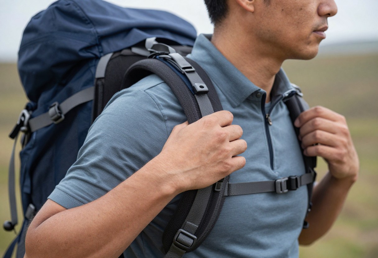 A hiker adjusting the shoulder straps of a loaded backpacking backpack outdoors