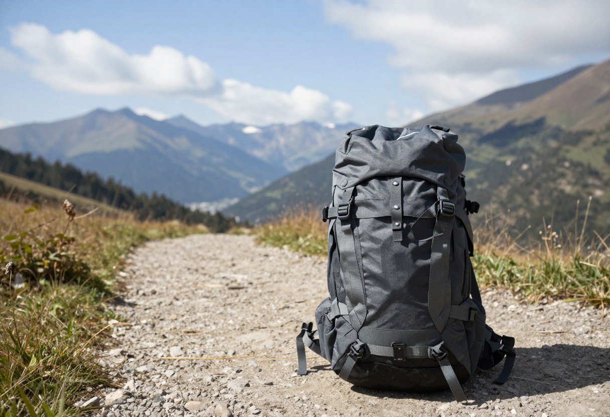 A single framed backpacking backpack standing upright on a scenic mountain trail overlook