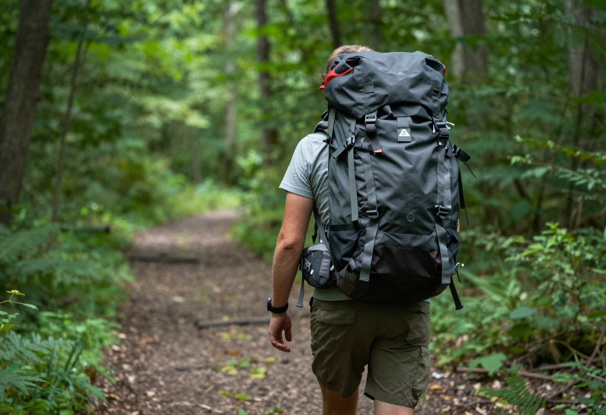 A hiker wearing a fully loaded backpack, walking on a forest trail