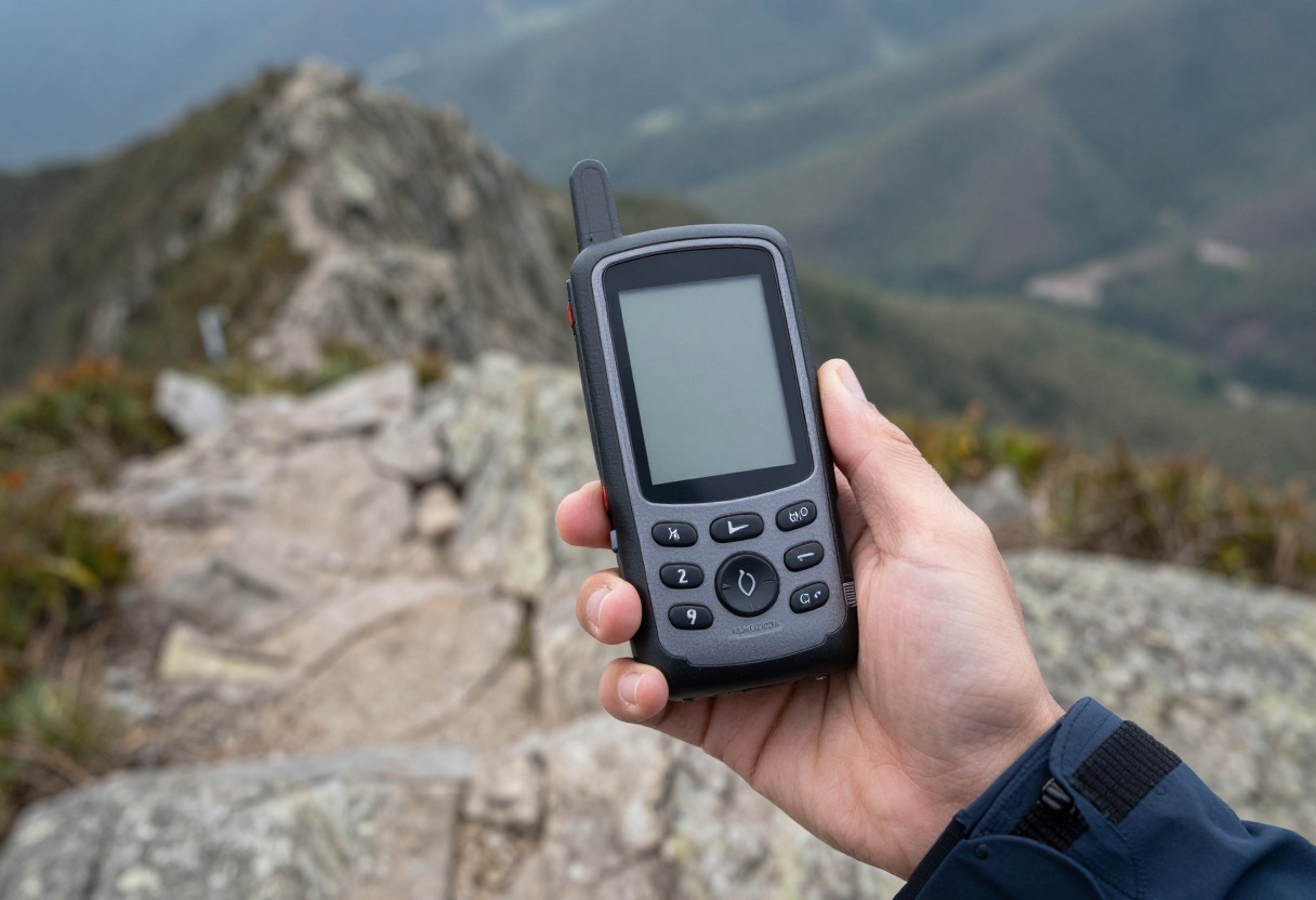 A hiker holding a rugged handheld GPS unit with physical buttons, screen off, on a mountain trail