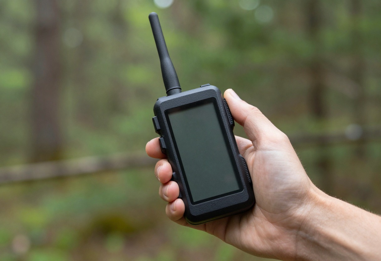 A hiker holding a small satellite communicator device, screen off, outdoors