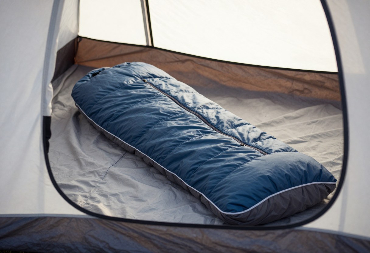An unzipped sleeping bag laid open inside a tent in soft morning light