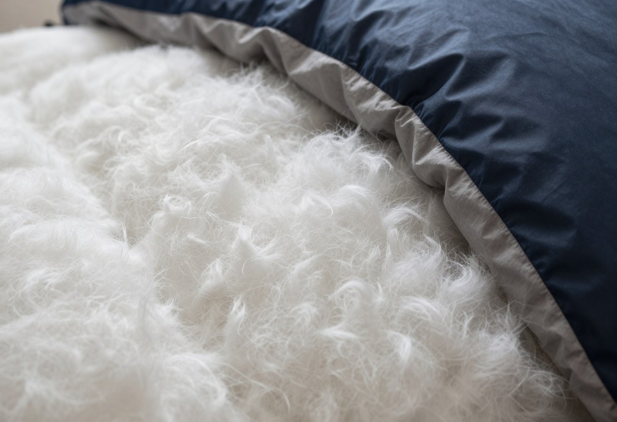 A close-up of a sleeping bag's fluffy insulation fill texture