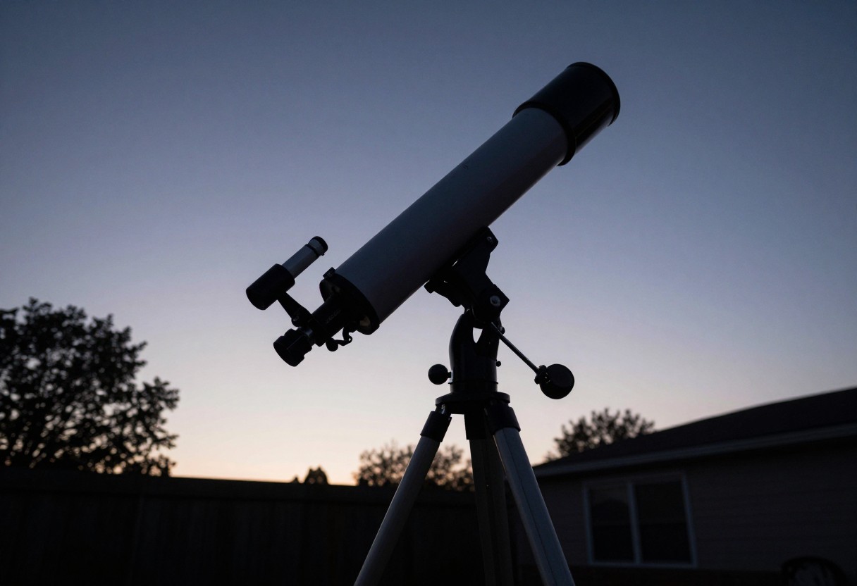 A telescope on its mount standing in a backyard at dusk with the first stars appearing