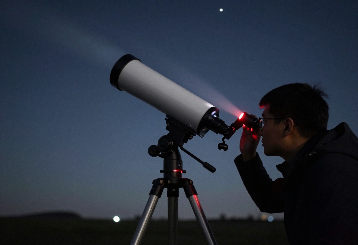 A person looking through the eyepiece of a telescope at night, illuminated by starlight and a dim red headlamp