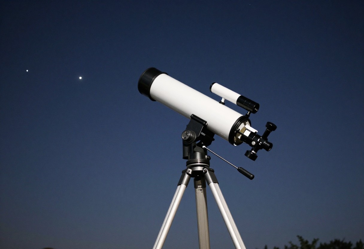 A white refractor telescope on a sturdy tripod set up outdoors at night, stars visible in the sky above