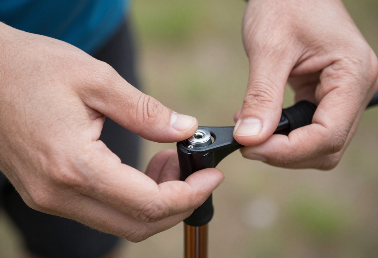 Close-up of hands adjusting a lever-lock mechanism on a trekking pole to change its length