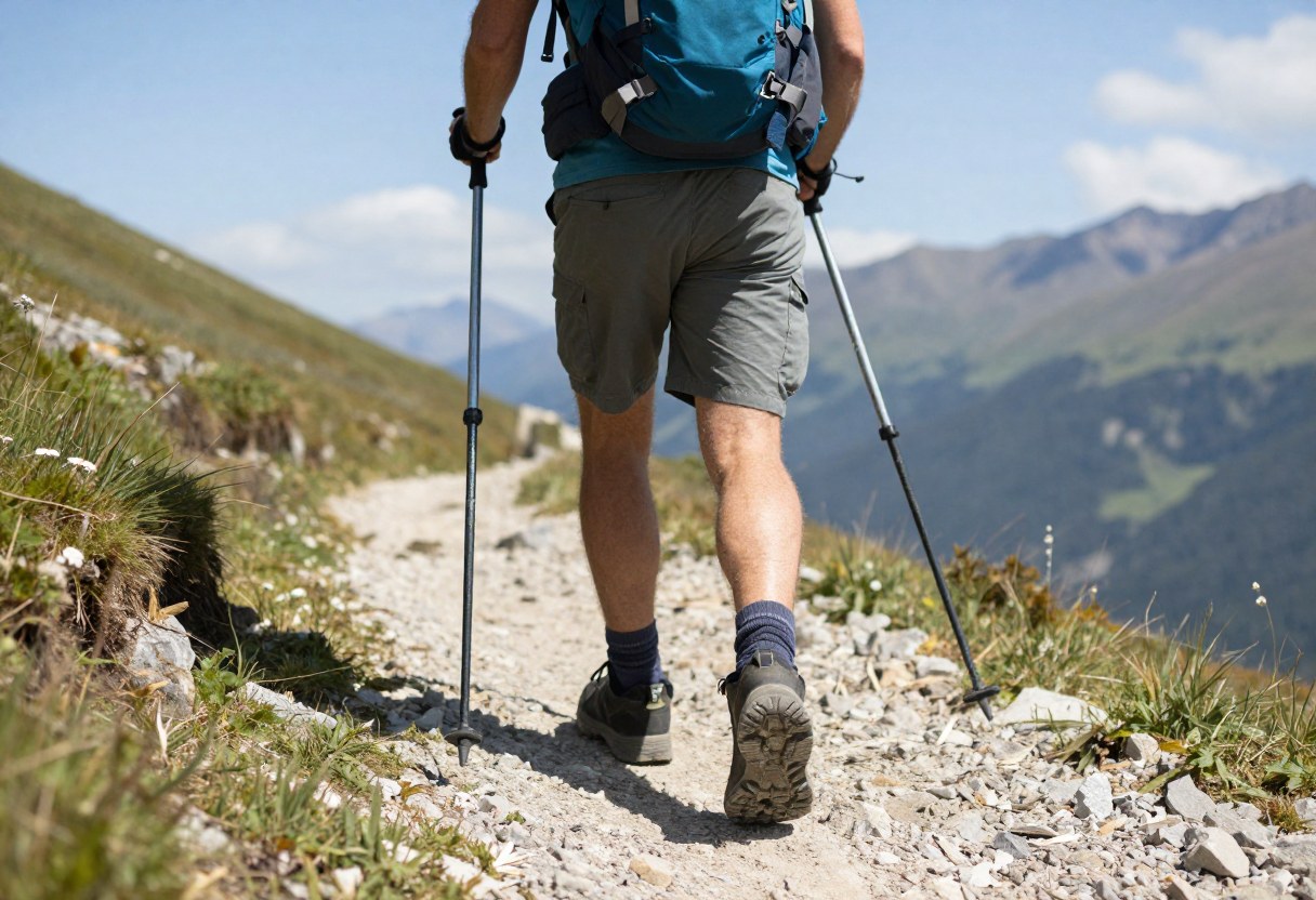 A hiker using a pair of trekking poles while walking on a mountain trail