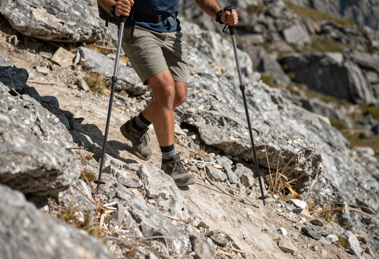 A hiker using trekking poles for stability while descending a steep rocky trail
