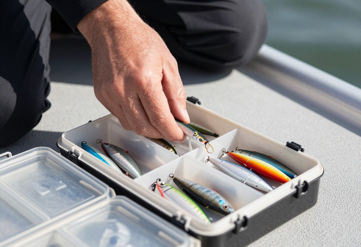 An angler's hand selecting a fishing lure from a tackle box tray on a boat