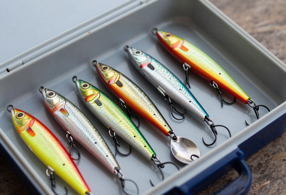 An assortment of colorful fishing lures, crankbaits, and spoons laid out in an open tackle box