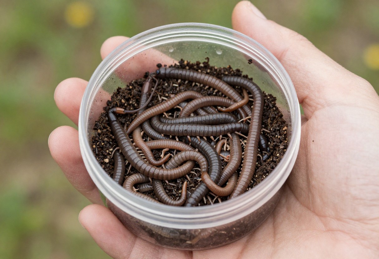 Live nightcrawler worms in a bait container with dirt, held in hand outdoors