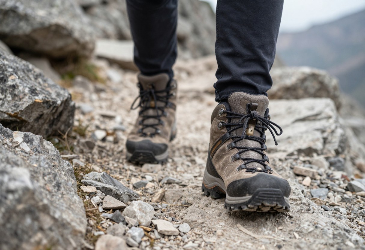 Close-up of a hiker's sturdy hiking boots stepping on a rocky mountain trail