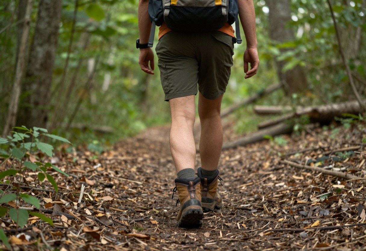 A hiker wearing hiking boots and a backpack walking on a forest trail, full body view
