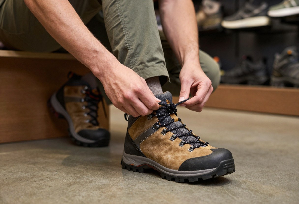 A person trying on a hiking boot, lacing it up while seated in an outdoor gear store