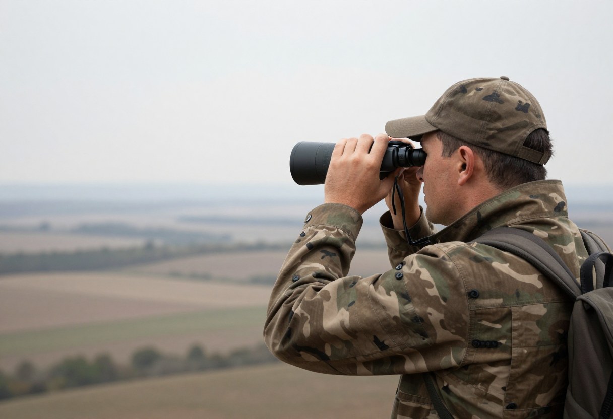 A hunter in camouflage glassing distant terrain with binoculars from a ridge
