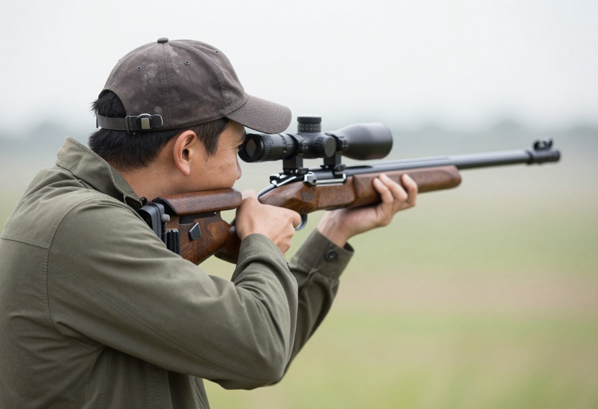A hunter looking through a riflescope, aiming a rifle outdoors