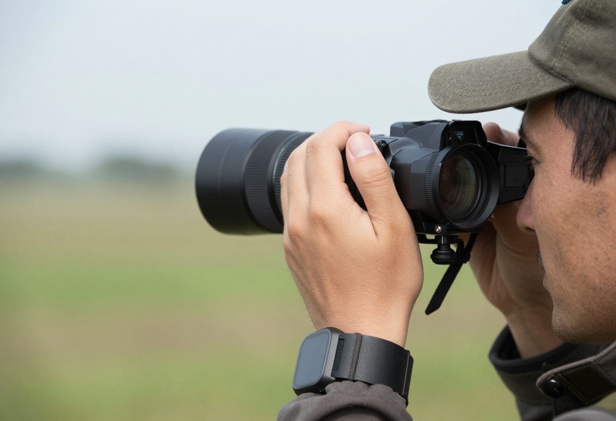 Close-up of a hunter's hand holding a rangefinder, aiming it across an open field