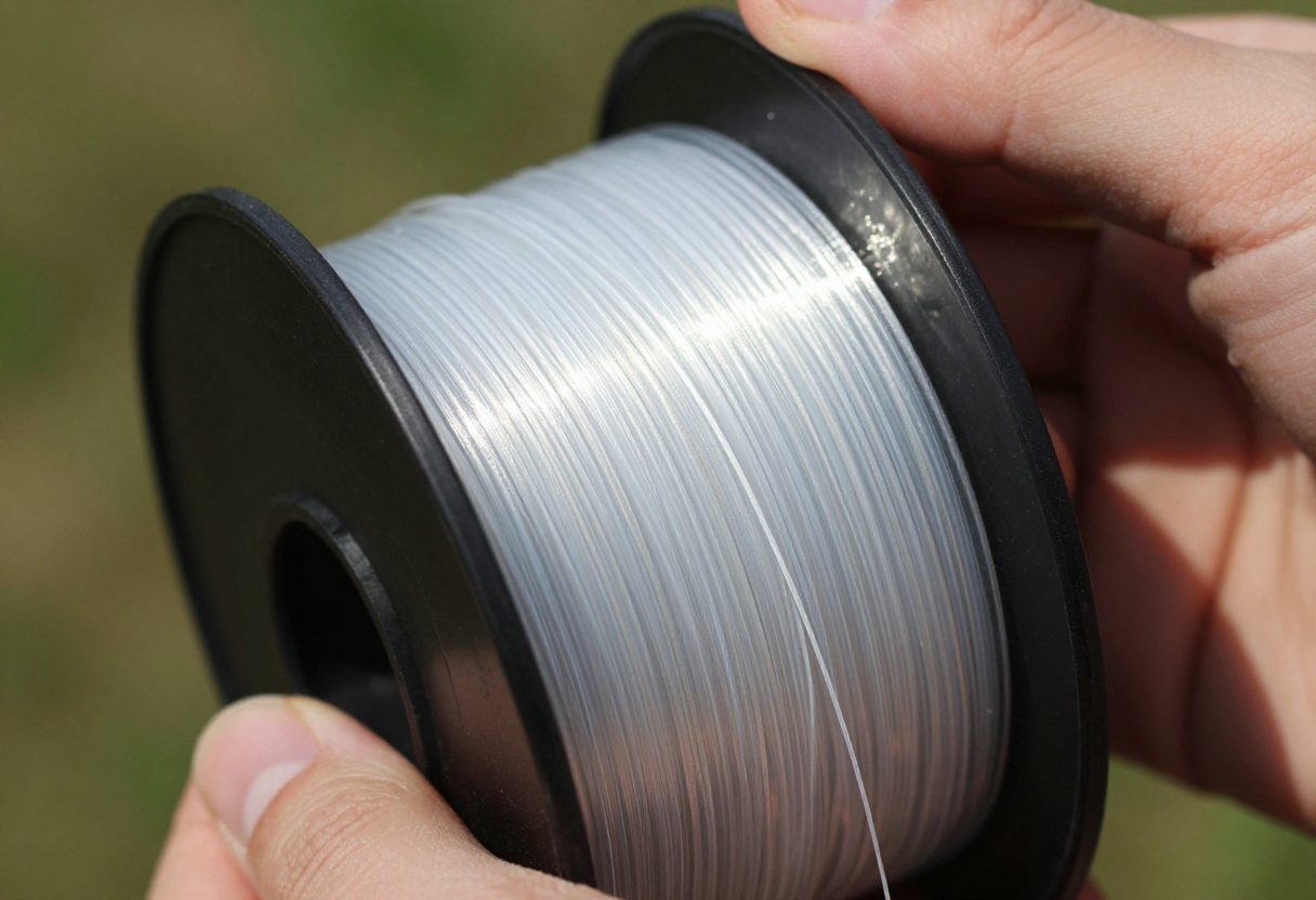 A spool of clear fluorocarbon fishing line held up to the light