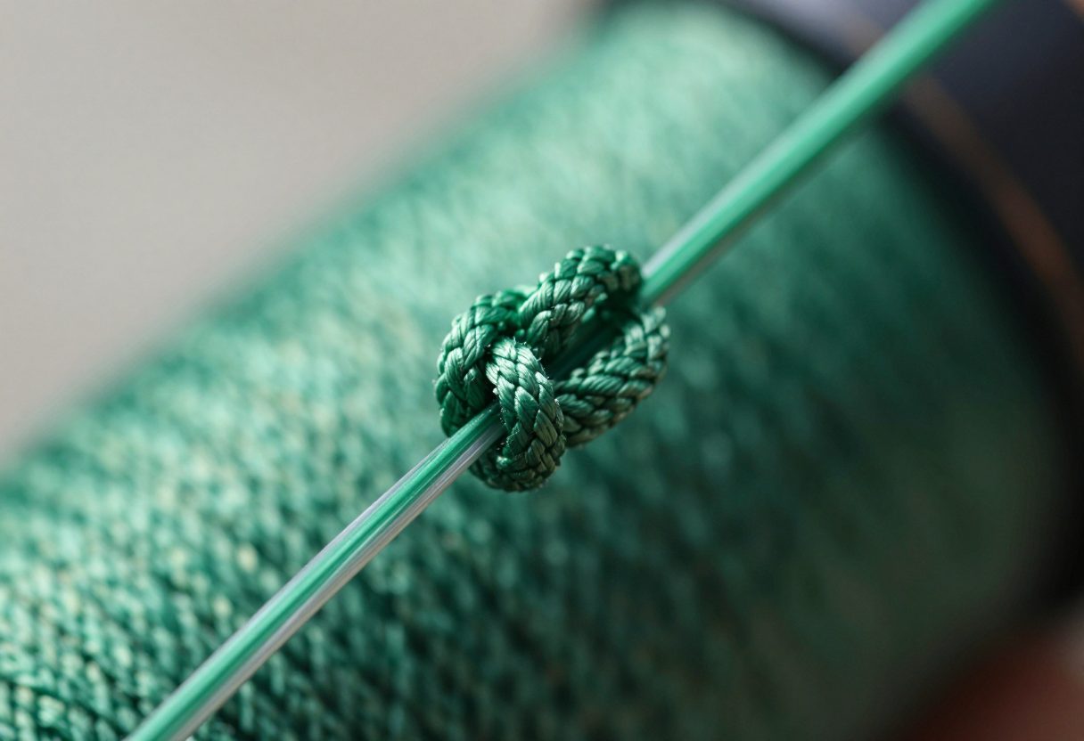 Close-up of a line-to-line knot joining braided main line to a fluorocarbon leader