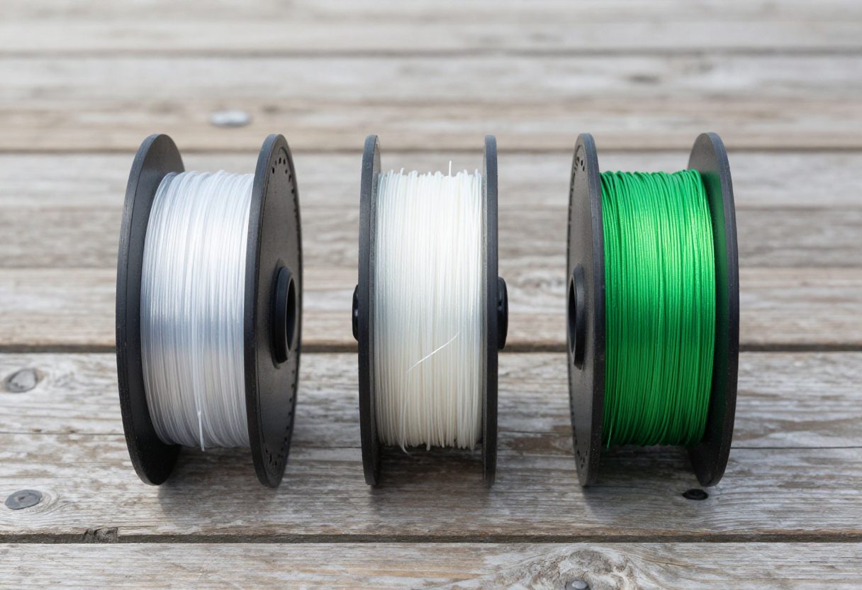 Three spools of fishing line side by side: monofilament, fluorocarbon, and braid