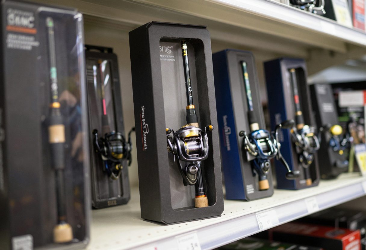 Boxed fishing rod and reel combo kits displayed on a tackle shop shelf