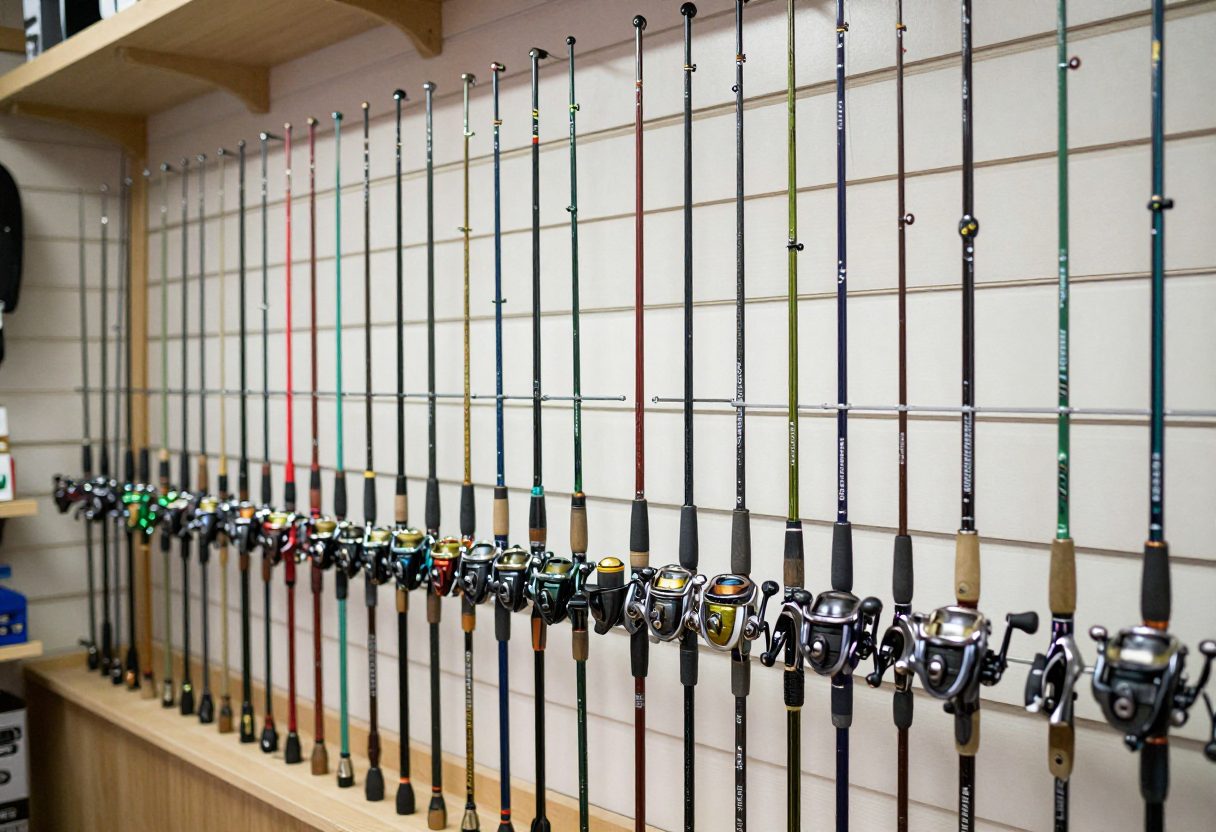 A rack of fishing rod and reel combos in a tackle shop