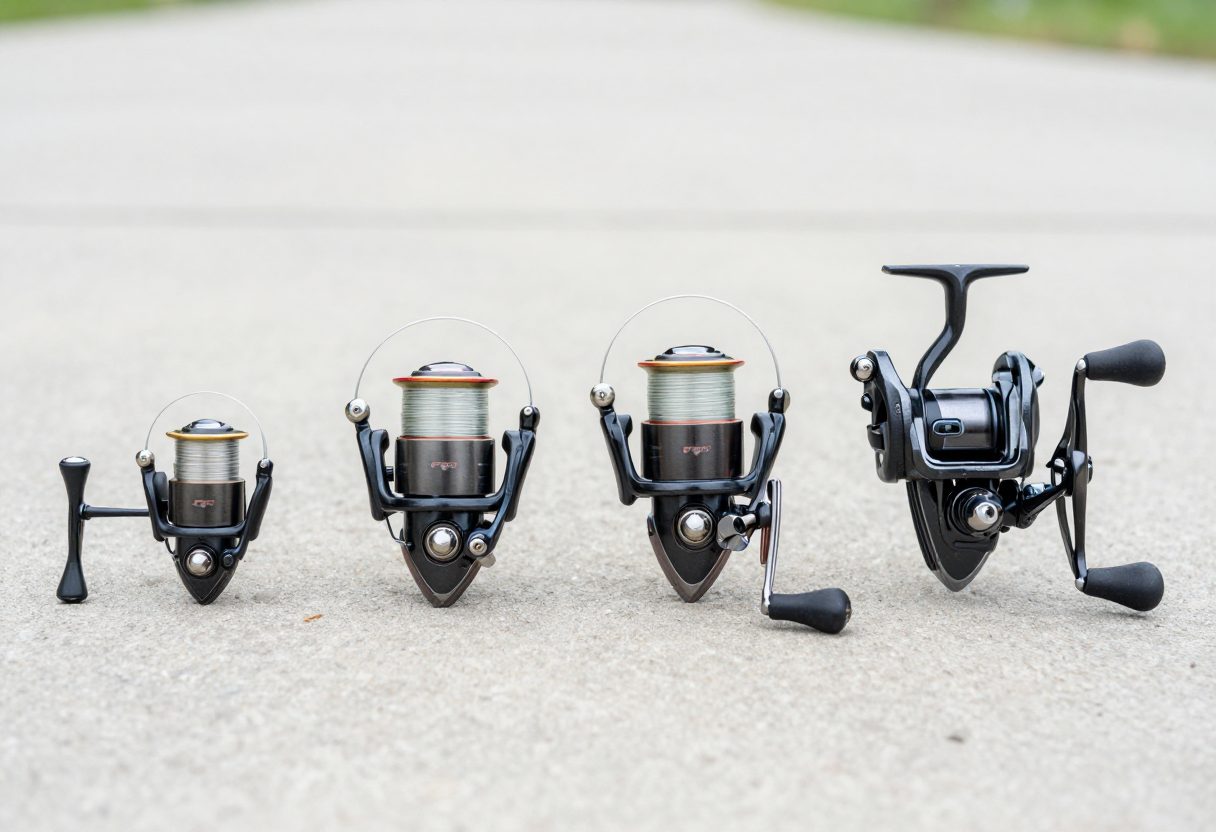 Spinning reels of increasing size lined up from smallest to largest