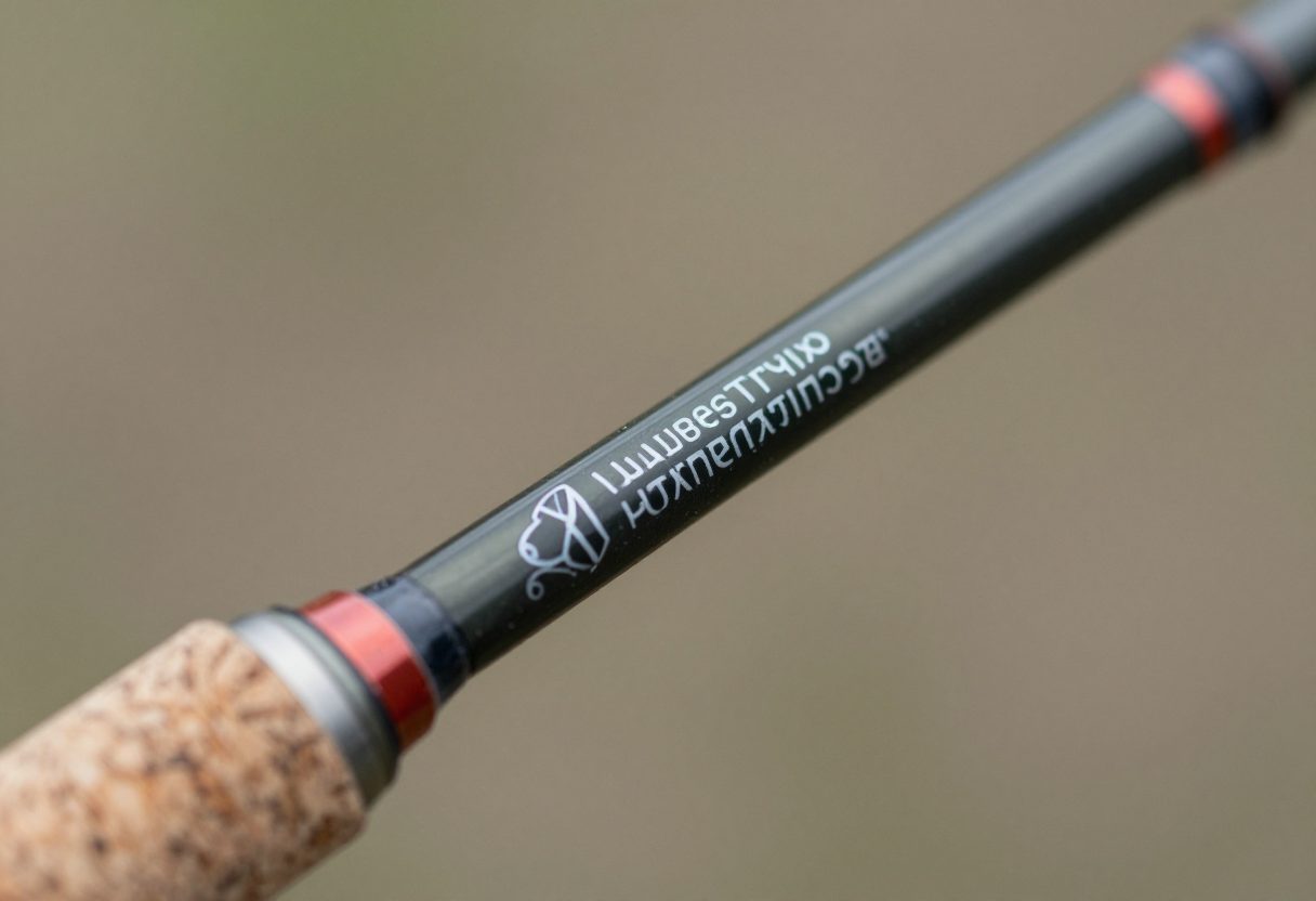 Close-up of a fishing rod blank near the cork handle showing printed manufacturer specifications