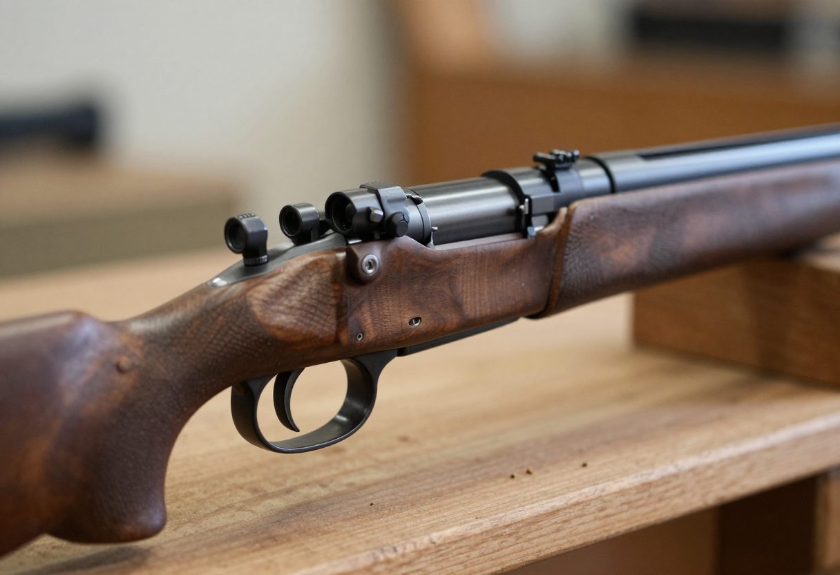 Close-up of a bolt-action hunting rifle receiver and trigger, resting on a wooden bench