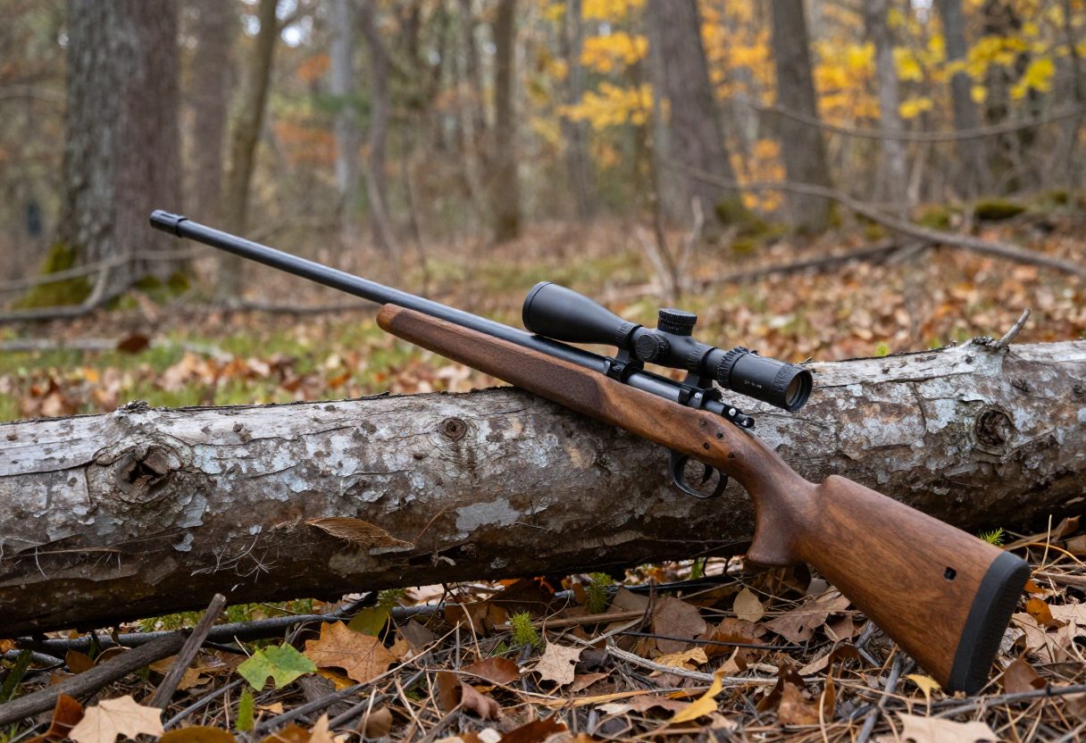 A bolt-action hunting rifle with a mounted scope resting on a log in an autumn forest