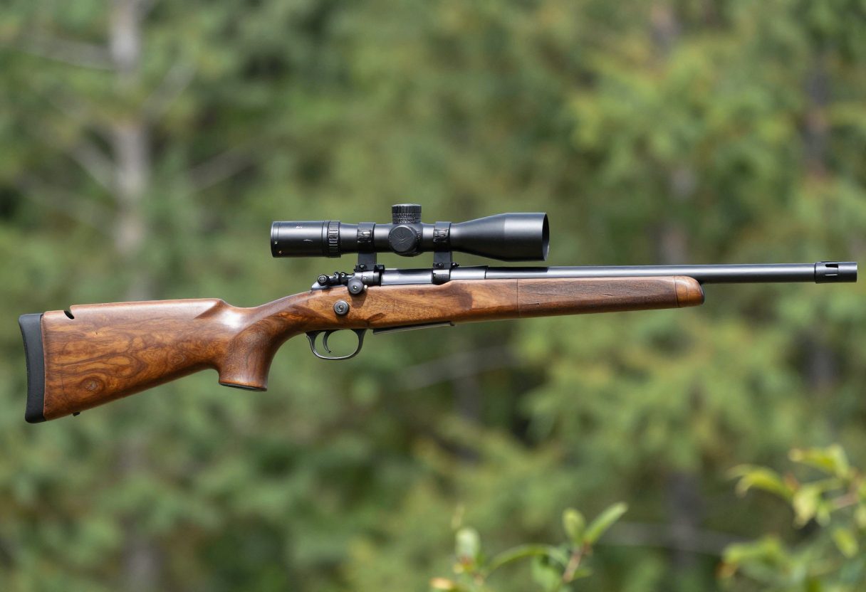 Close-up of a rifle scope mounted on a bolt-action rifle in a forest setting