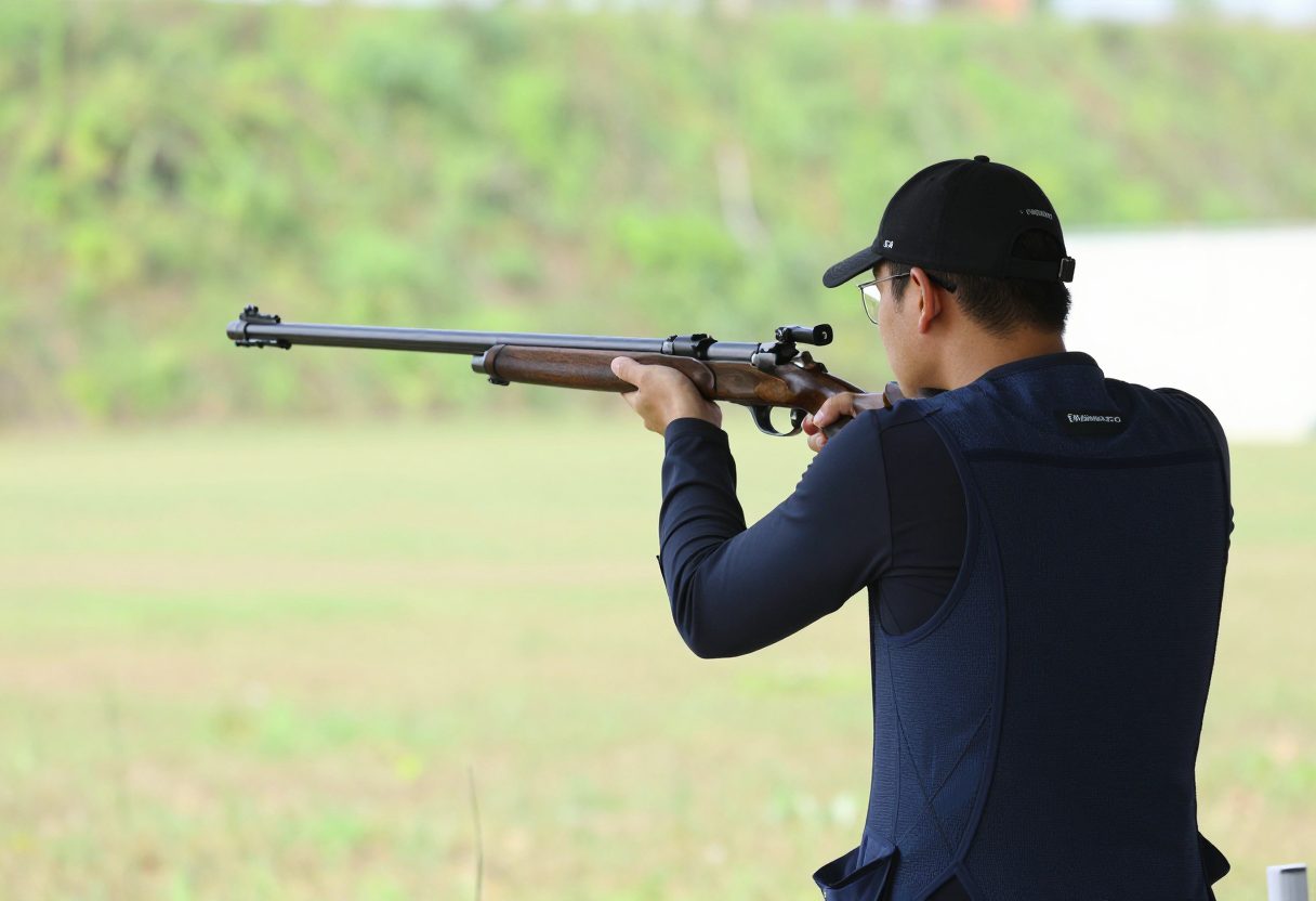 A shooter demonstrating proper cheek weld and stance with a bolt-action rifle