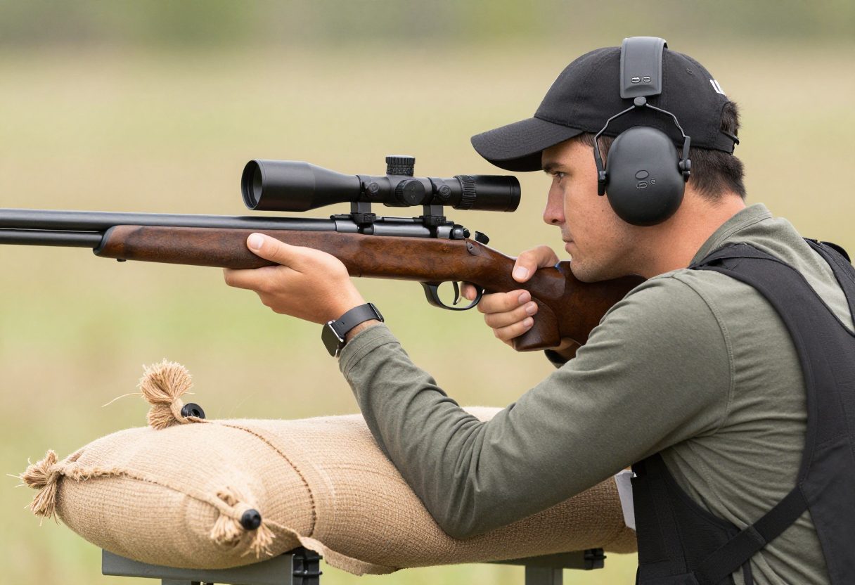 A shooter sighting in a rifle from a bench using sandbags and hearing protection
