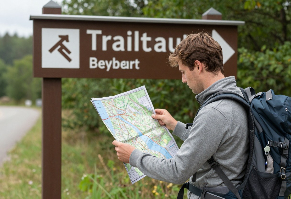 A hiker checking a paper map at a trailhead sign