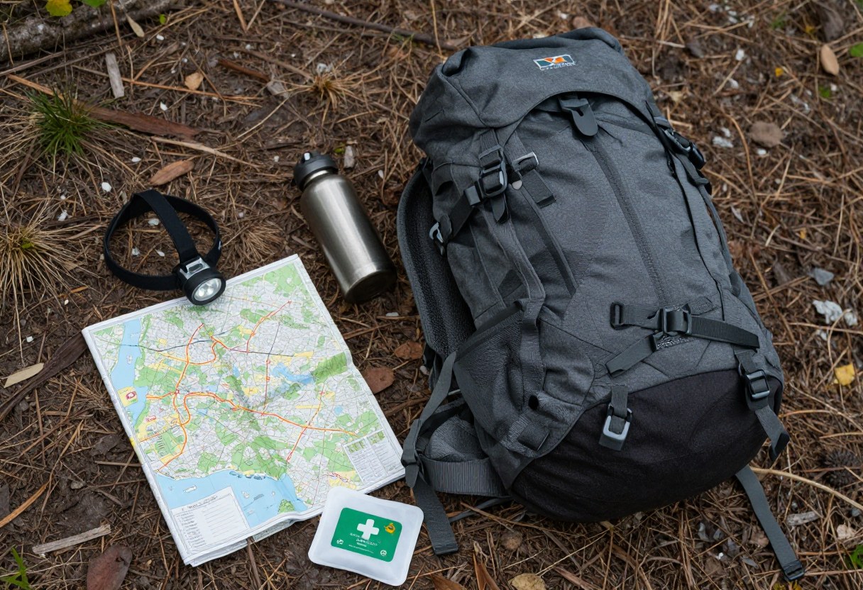A day hiking backpack with essential gear items laid out beside it on the ground, map, headlamp, water bottle, first aid kit