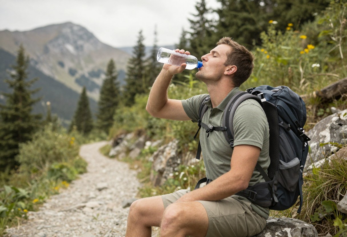 A hiker drinking water from a bottle while resting on a scenic trail