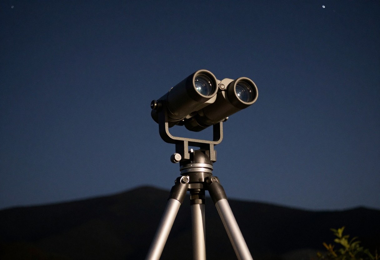 A pair of large binoculars mounted on a tripod pointed up at a dark star-filled sky