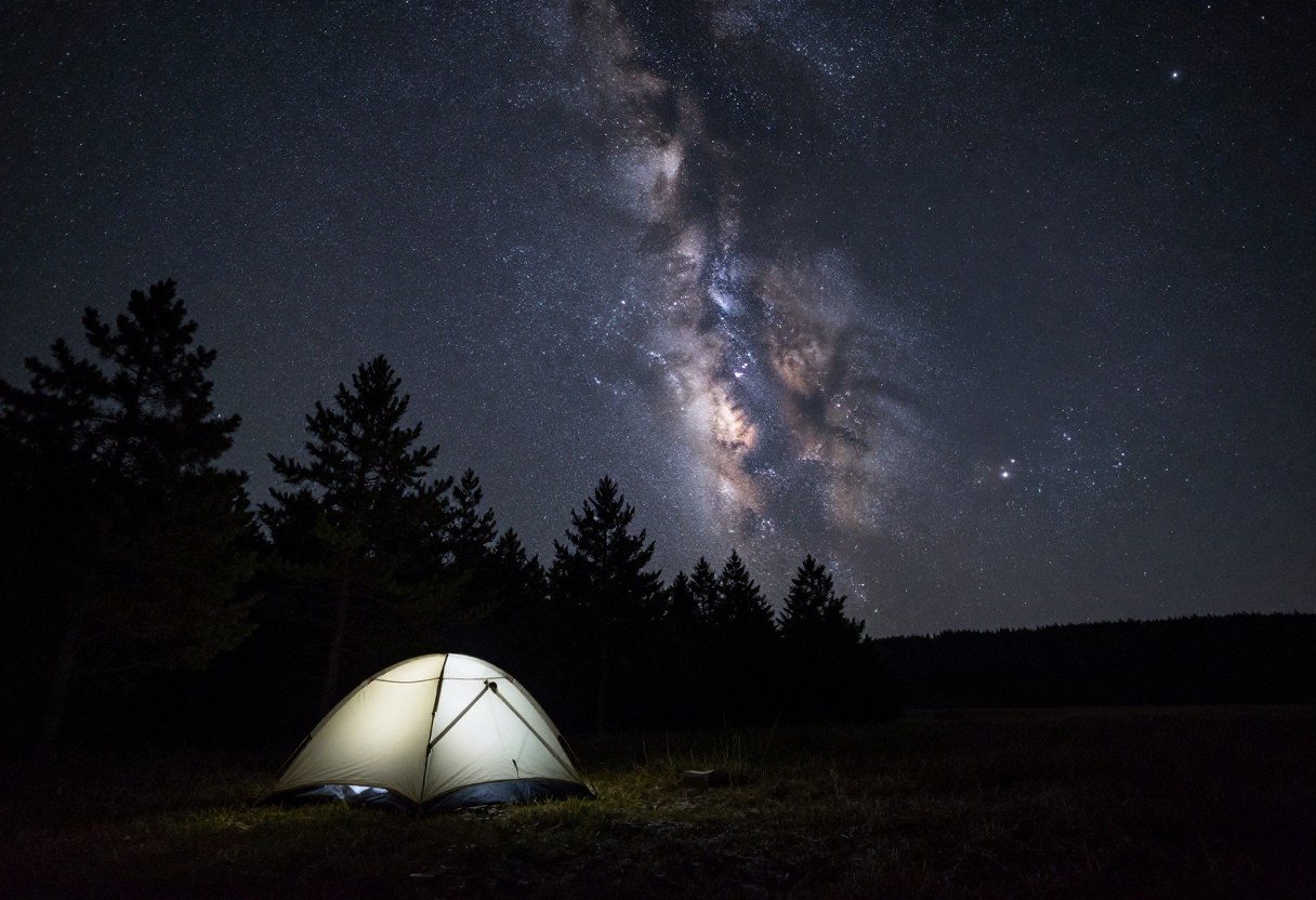 The Milky Way arching over a dark rural campsite with a tent and silhouetted trees