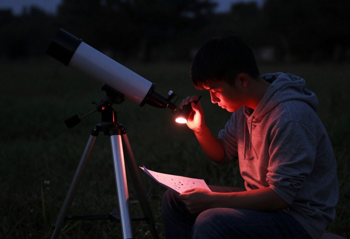 A stargazer sitting beside a telescope at night, using a dim red flashlight to read a paper star chart