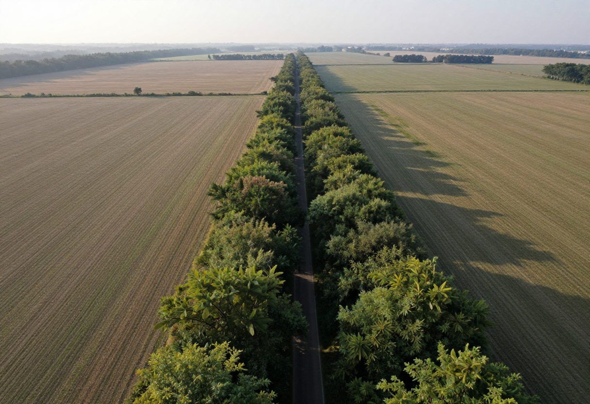 A narrow saddle of woods connecting two open fields, a natural terrain funnel