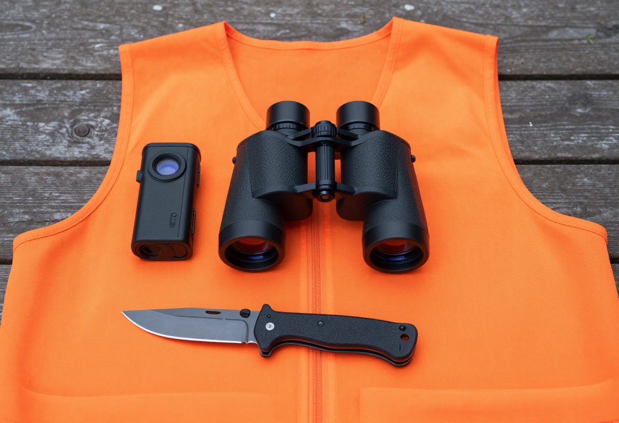 Binoculars, a rangefinder, a field-dressing knife, and blaze orange gear laid out