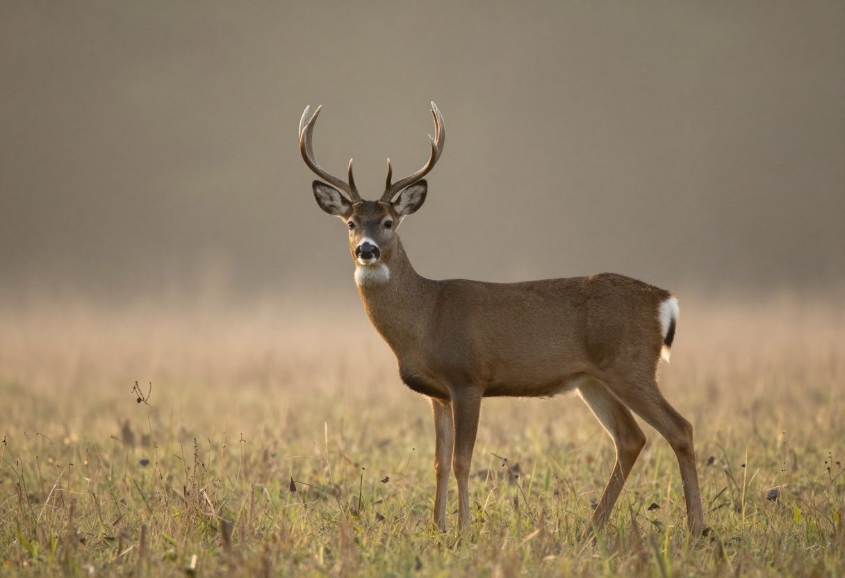 A whitetail deer standing at the edge of a misty forest clearing at dawn