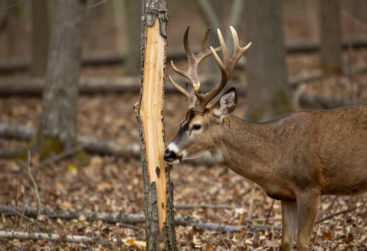 A buck rub on a small tree trunk in the woods, bark scraped away